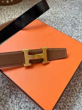 Authentic Hermes Reversible Brown and Black Leather Belt with Gold H Buckle